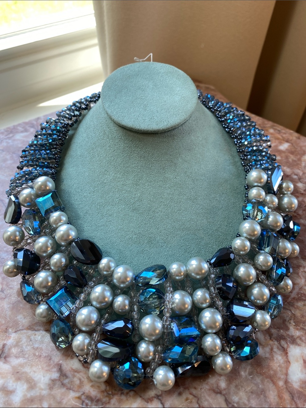 Bib Necklace Blue Crystal Glass Beads Faux Pearl Multi Strand